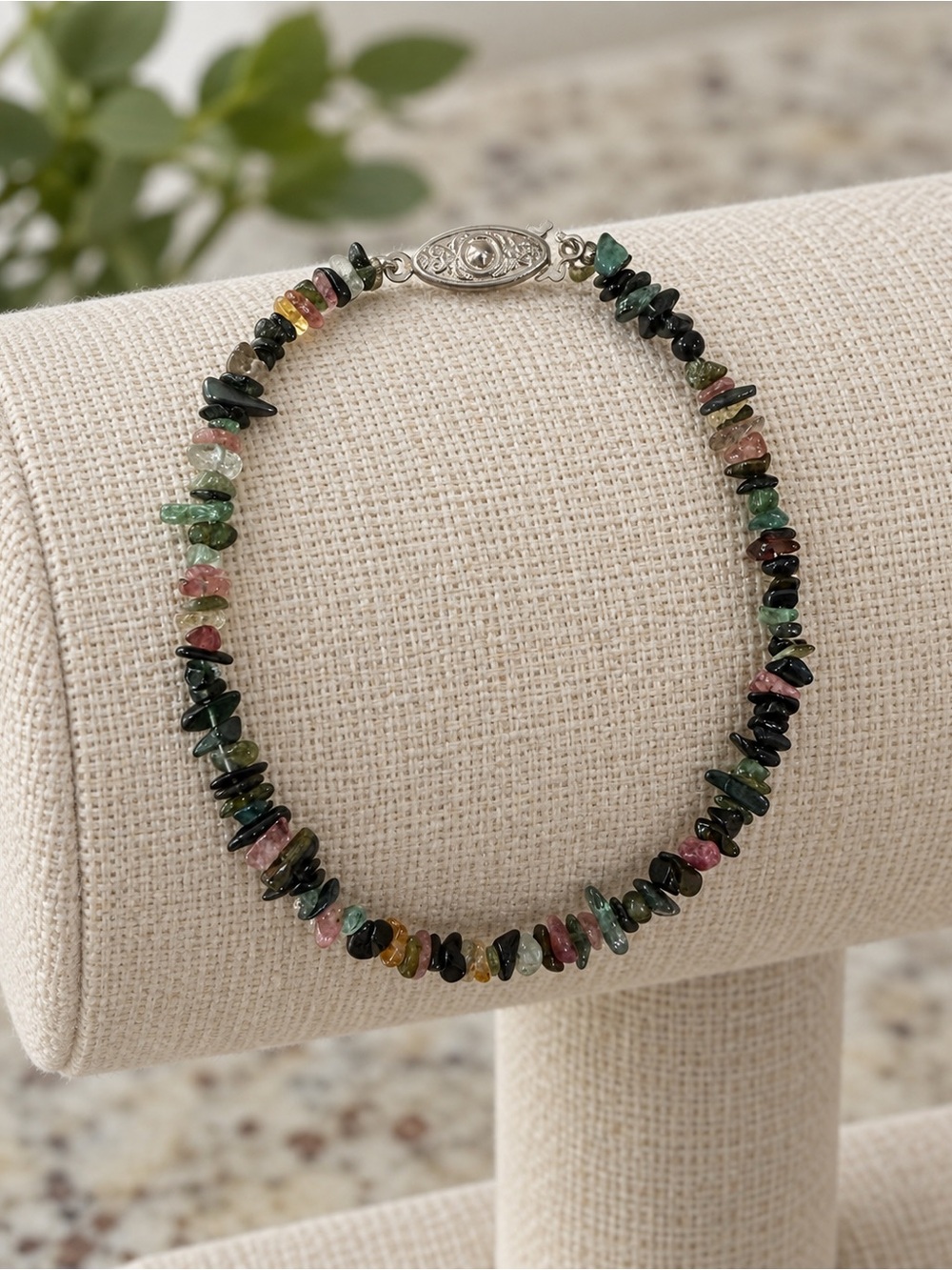 Natural Gemstone Chip Bracelet Beaded Green Pink Black Stone Toggle Clasp